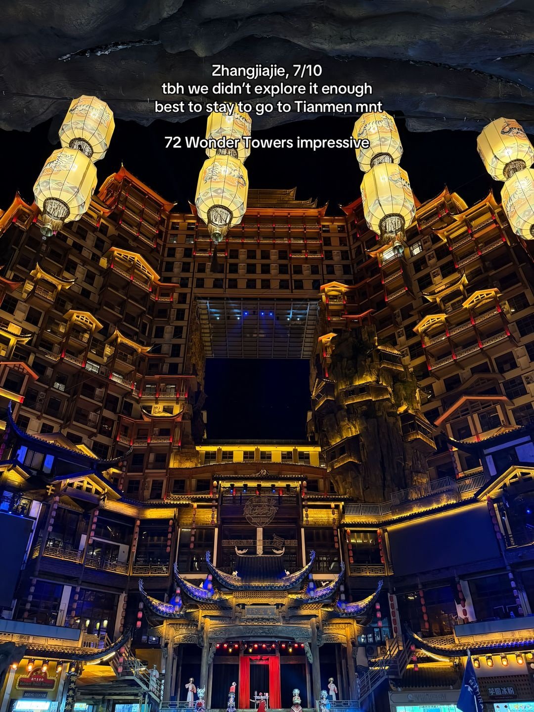 Illuminated towers at Zhangjiajie’s 72 Qilou complex