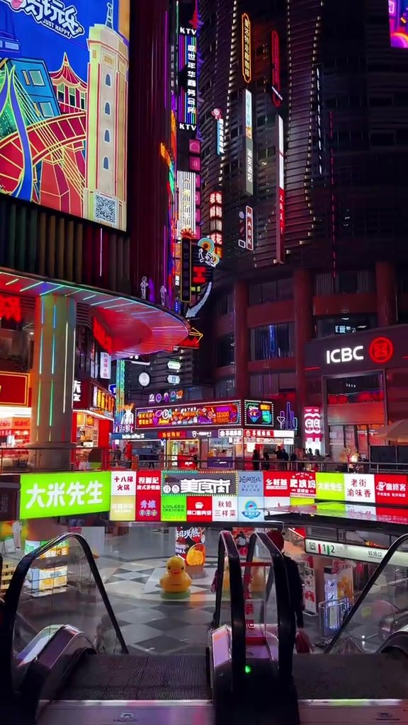 Neon-lit Deyi World streets viewed from the top of an escalator