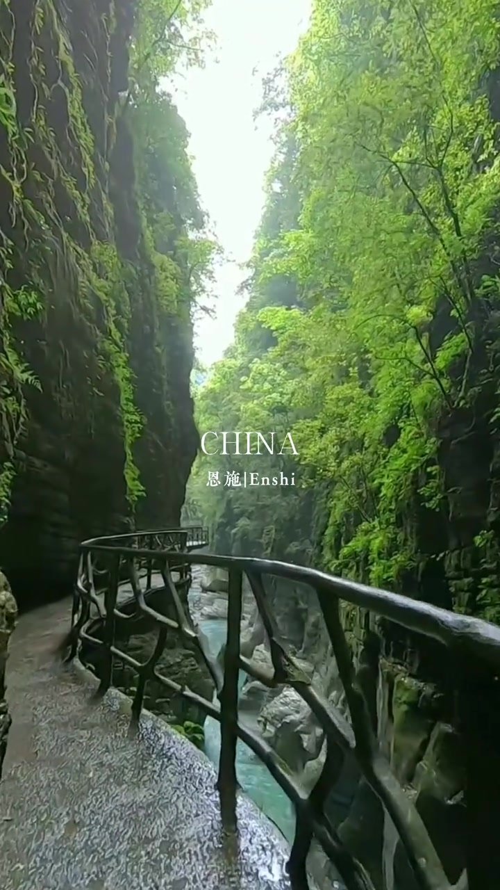 A protected walking path winding through a green, narrow gorge